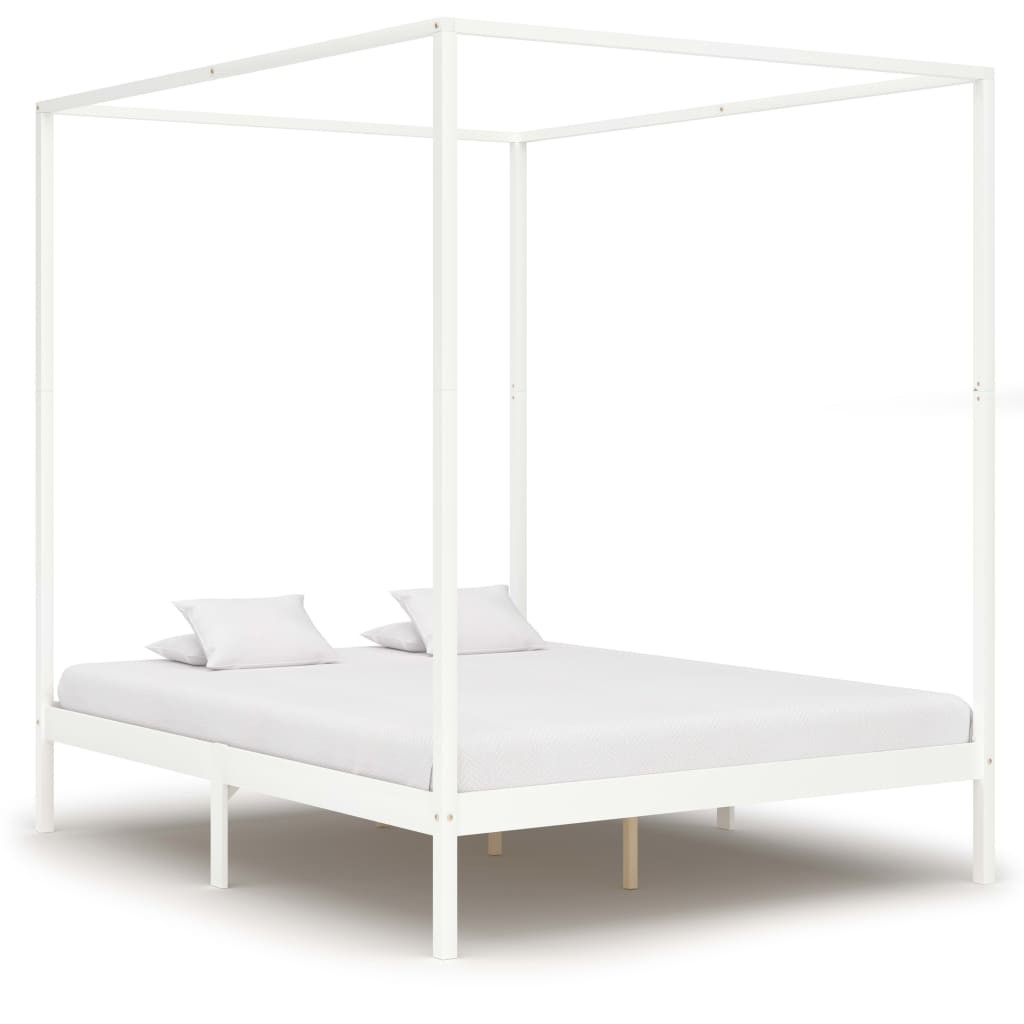 Canopy Bed Frame with 4 Drawers White Solid Pine Wood 160x200cm